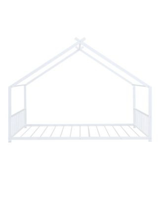 White Metal House Bed with Roof Design Semi Enclosed Space and Integrated Slat Support