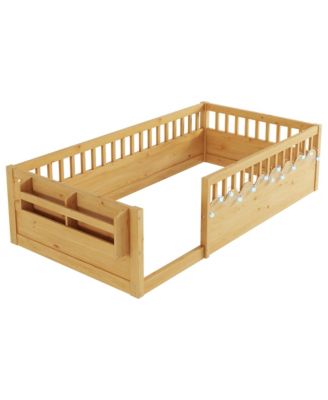 Montessori Wood Floor Bed With LED Light Storage Shelf High Rails