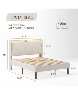 Platform Bed Fabric Upholstered Headboard Wood Slats USB Charging