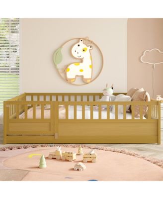 Montessori Floor Bed With Support Slat High Barrier Door Natural Wood For Kids