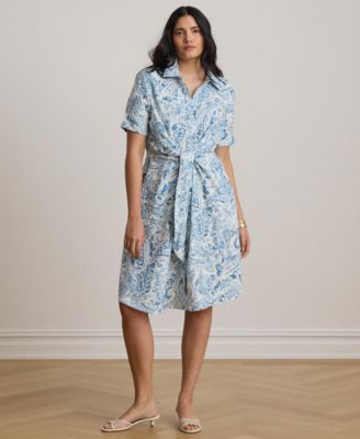 Plus Size Paisley Tie-Front Linen Shirtdress