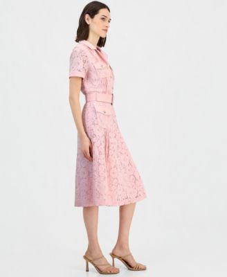 Women's Belted Short-Sleeve Lace Midi Shirt Dress 