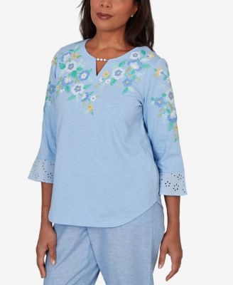 Women's Caribbean Blues Floral Embroidered Split Neck Top
