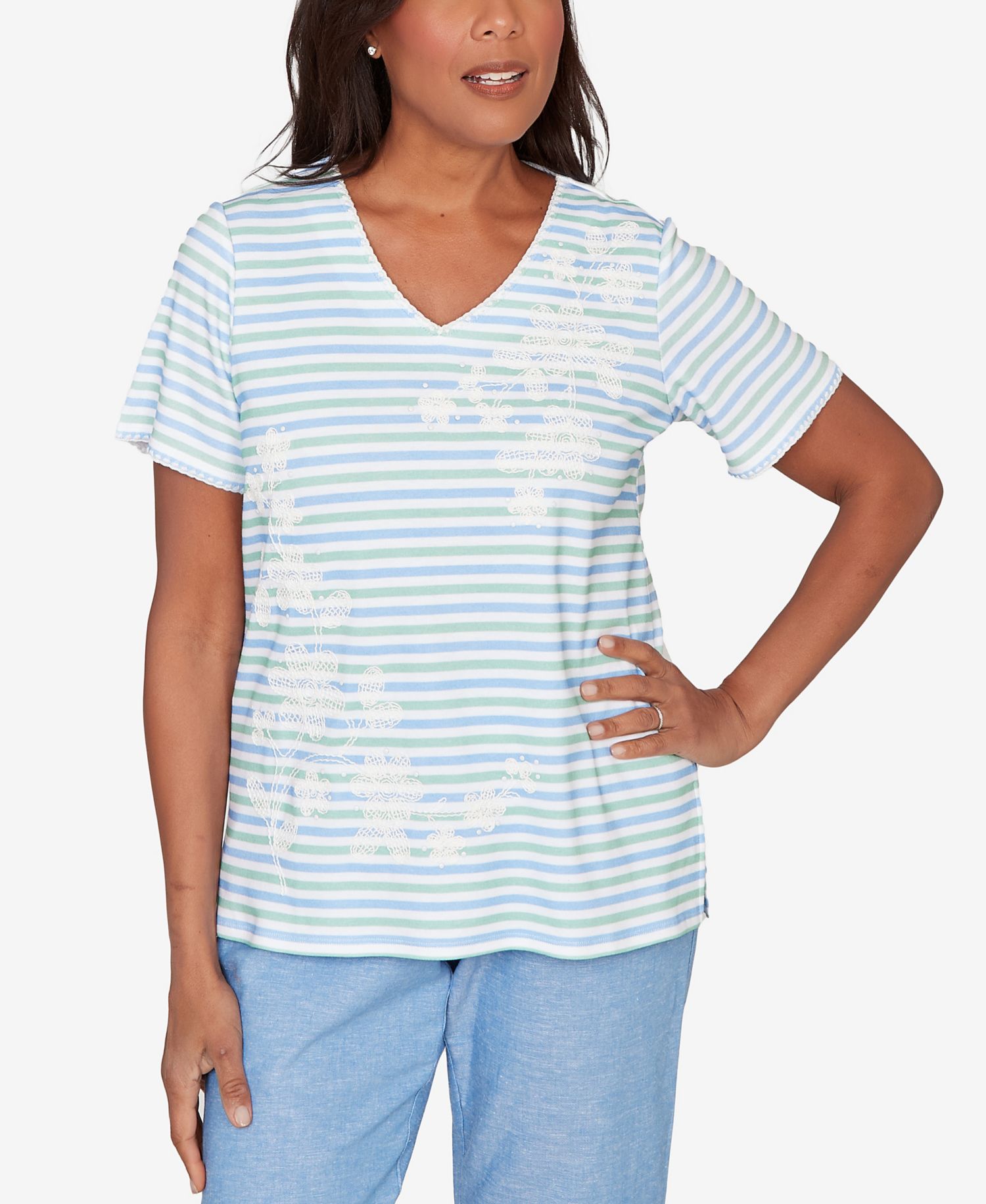Women's Caribbean Blues Highlight Flower Striped T-Shirt
