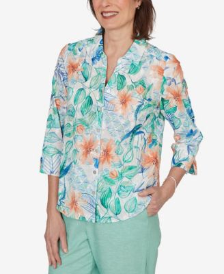 Petite Caribbean Blues Tropical Flower Eyelet Tie-Sleeve Top