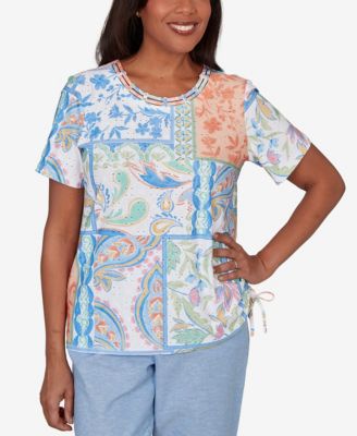 Petite Caribbean Blues Patchwork Scroll Side Tie Ruched T-Shirt