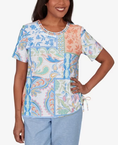 Petite Caribbean Blues Patchwork Scroll Side Tie Ruched T-Shirt - Green Multi