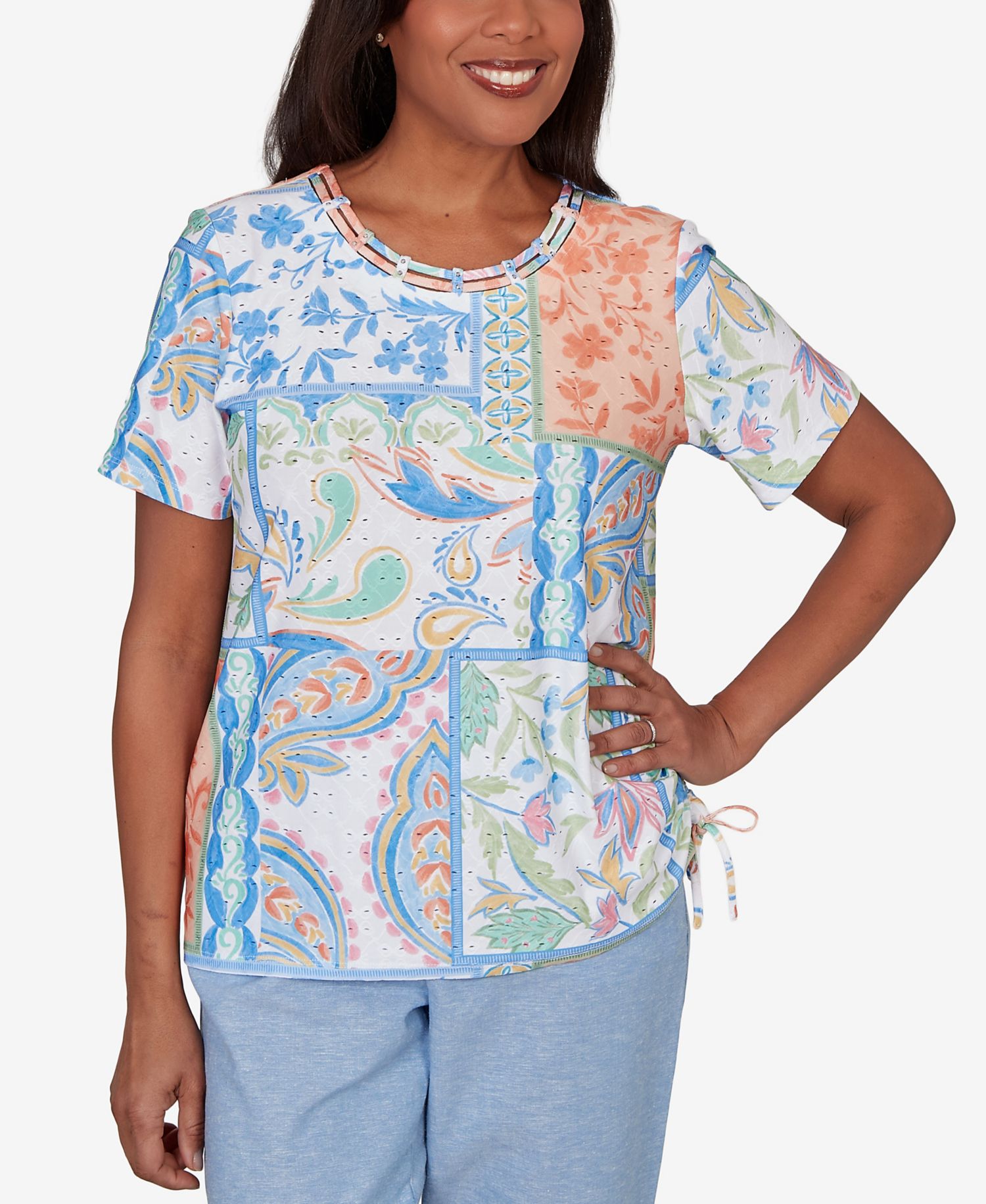 Petite Caribbean Blues Patchwork Scroll Side Tie Ruched T-Shirt