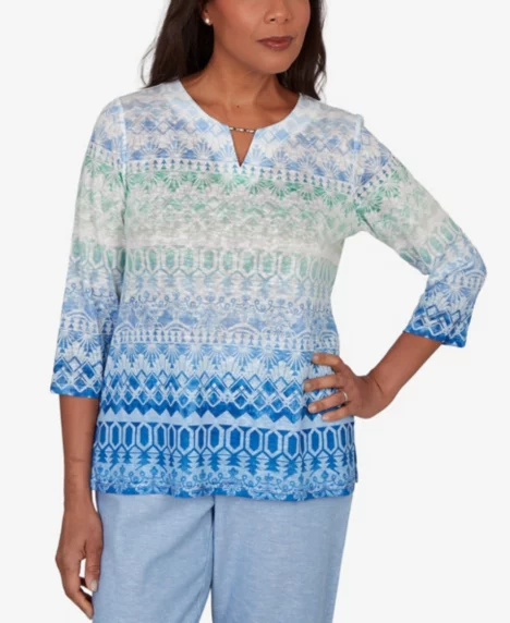 Petite Caribbean Blues Ombre Biadere Split Neck Top - Ocean Blue