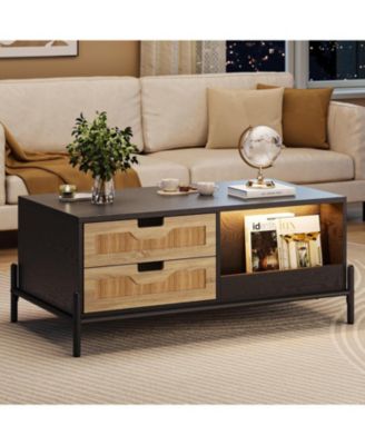 Wooden Coffee Table, Modern Farmhouse Style 394" Table with 4 Hidden Drawers and 2 Open Compartments, Room Tables with LED Mood Lighting