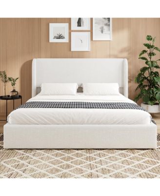 Boucle Cloud Bed Frame Upholstered Headboard Solid Wood Slats No Box Spring