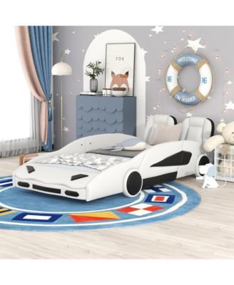 Race Car Shaped Platform Bed With Wheels For Kids Bedroom