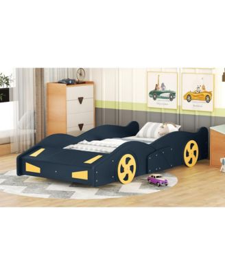 Race Car Shaped Platform Bed Dark Wheels Storage Pine Wood