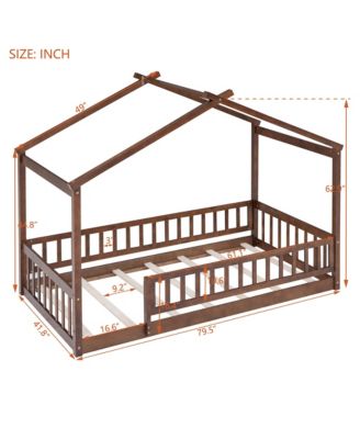 Wood House Bed Walnut Roof Fence Pine Wood Frame 7 Slats Kids Teens