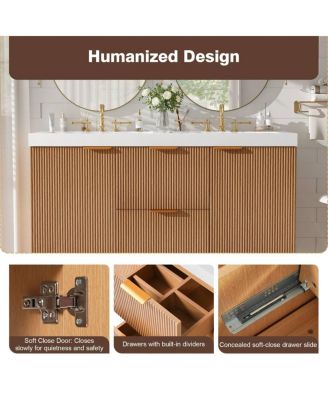 47.24" Brown Modern MDF Double Sink Floating Vanity With SMC Top, Soft-Close Doors, Divided Drawers