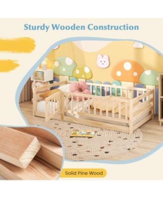 Twin Floor Bed with High Fence and Door Playhouse Design