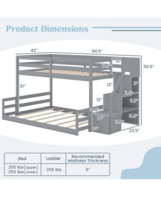 Solid Wood Twin Over Full Low Bunk Bed with Storage Stairs