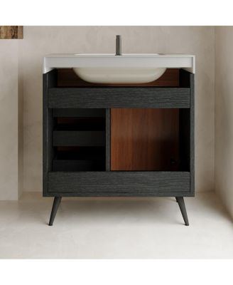29.9" Freestanding Bathroom Vanity with Stone Gray Sintered Stone Top, Ceramic Sink, Soft Close Drawers & Storage Cabinet