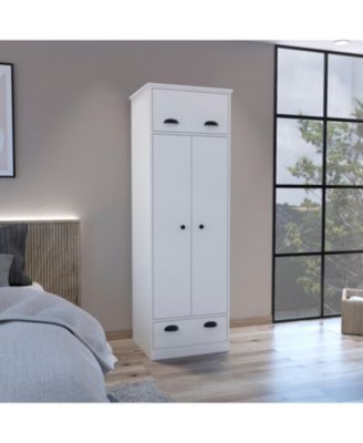 Armoire with 1 Drawer 1 Hinged Drawer Handles Double Door Cabinet and Hanging Rod for Bedroom Storage