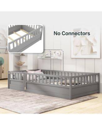 Montessori Wooden Floor Bed With Support Slat High Barrier And Door For Kids