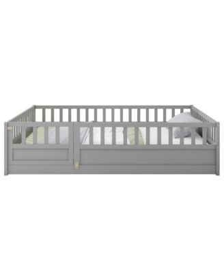 Montessori Wooden Floor Bed With Support Slat High Barrier And Door For Kids