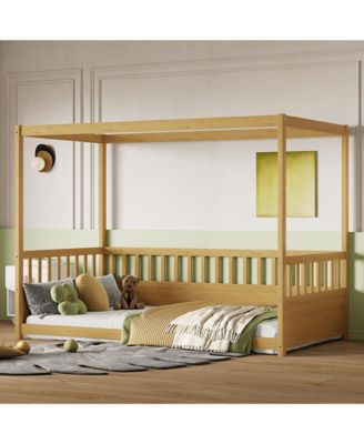  Wooden Canopy Floor Bed With Guardrails Four Poster Design For Kids