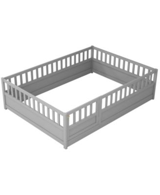 Montessori Wooden Floor Bed With High Security Barrier And Door For Kids Bedroom