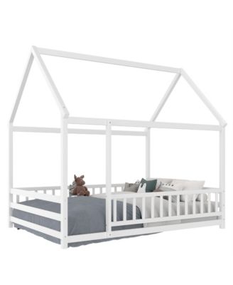 Wooden Floor Bed With House Roof Frame And Fence Guardrails For Kids
