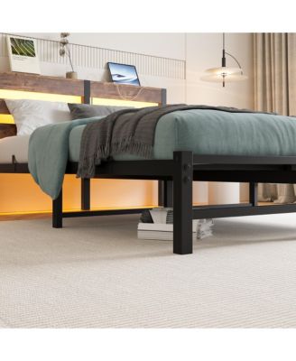 Metal Bed Wooden Headboard RGB Lights Charger Storage
