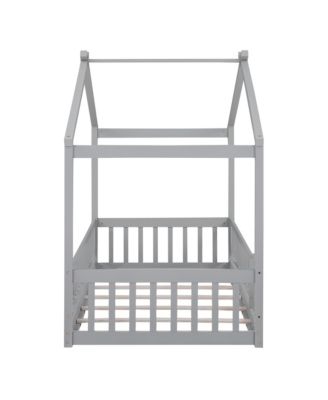 Wood House Bed Roof Fence Pine Wood Frame 7 Slats Kids Teens