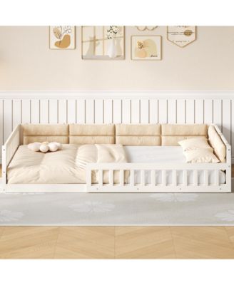 Wood Upholstered Platform Bed Guardrail Fluffy Pillows Pine Wood MDF