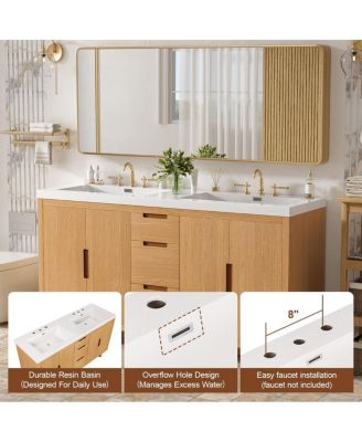 59.3" Modern Bathroom Vanity With Resin Sink, Solid Wood MDF Handle-Free, 4 Doors 3 Drawers Soft-Close