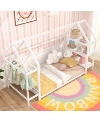 Twin Montessori Floor House Bed with Detachable Storage Shelves