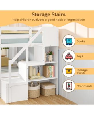 Twin Over Twin Low Bunk Bed with Storage Stairs Solid Wood
