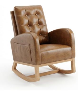 High Backrest Rocking Chair, Modern PU Leather Upholstered, Wood Legs, Lounge for Living Room, Bedroom