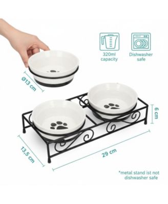 Ceramic Pet Bowl Set with Metal Stand Paw Print Design Dishwasher Safe