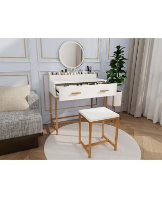 Elegant Vanity Set with Large Mirror and Padded Stool for Bedroom Makeup and Grooming Activities