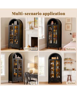 Arched Glass Door Sideboard Cabinet, 71” Tall Wood Display Cabinet with Drawer and Invisible Lock, Bookshelf for Living Room, Office, Entryway