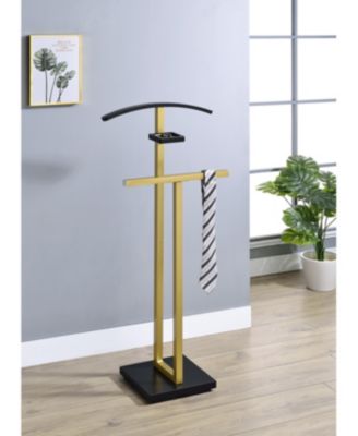 Freestanding Valet Stand with Tray & Pants Bar, Metal & Wooden Suit Rack Clothes Organizer with Storage Shelf for Bedroom