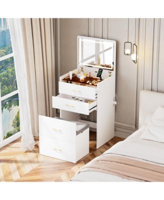 Space Saving Small LED Vanity Table with Basic Standard Mirror Classic and Cushioned Stool
