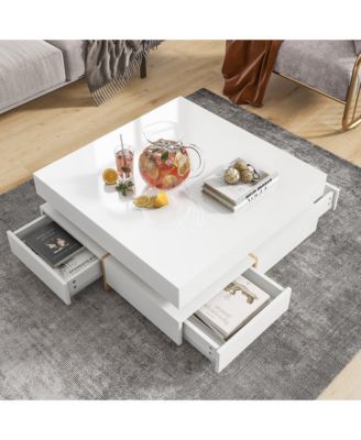 Modern High Gloss Coffee Table, Multi-Storage Square Center Table with 4 Drawers and Wood Grain Legs for Living Room