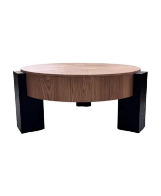 Round Coffee Table with Hidden Storage - Wood Parquet Veneer Top Table, 3 Block Legs, Center Accent Table for Living Room.