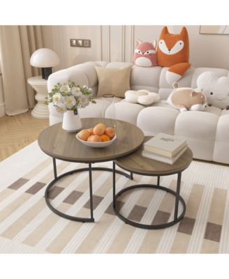 Nesting Coffee Table Set of 2, 27.6" Round Center Table, Wood Marble Pattern Top with Sturdy Metal Frame for Living Room