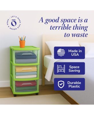 Plastic 3 Drawer Medium Storage Container Tower, Clear Drawers/Lime Frame