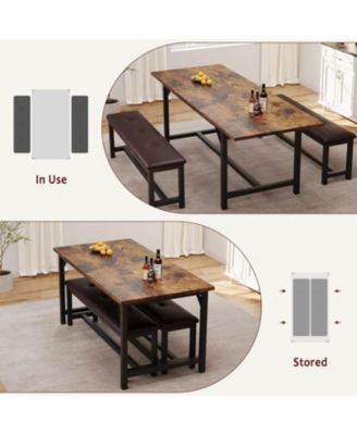 3 Piece Extendable Dining Table Set for 4–6, Rectangular Kitchen Table with 2 Upholstered Benches for Apartment Dining