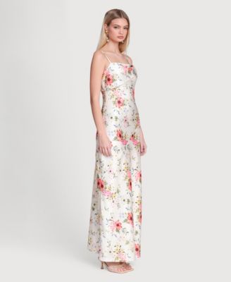 Women's Floral Satin Bias Cut Maxi Dress