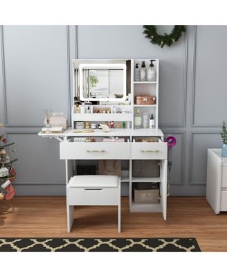Modern Large Capacity LED Vanity Table with Bedside Cabinet Mirror and Cushioned Stool