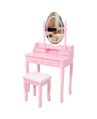 Princess Vanity Desk Set with Mirror Cushioned Stool Light Modes 4 Drawer Wooden Makeup Vanity Table for Girls Bedroom