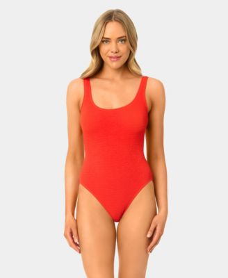 Women's Solid Popcorn Scrunch Scoop Neck One-Piece Swimsuit