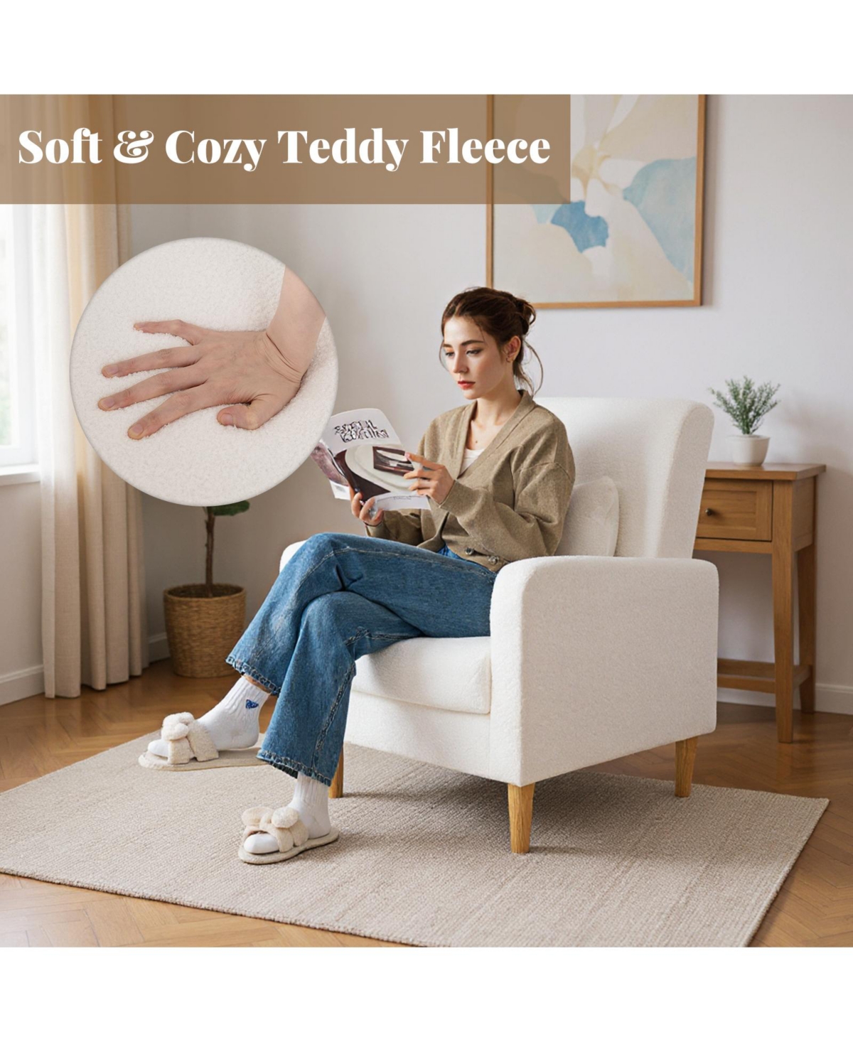 Sugift Modern Upholstered Sofa chair with Lumbar Pillow and Teddy Fleece Cover